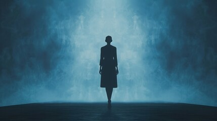 Fototapeta premium Mystical silhouette of a person standing alone in a foggy, blue-tinged environment, exuding a sense of mystery and solitude.