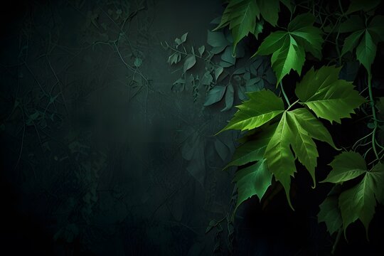 vibrant green leaves on dark gloomy background with copy space