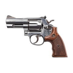 A silver and brown revolver is on a white background