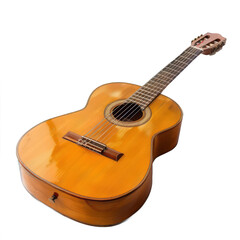 A guitar with a brown finish is sitting on a white background