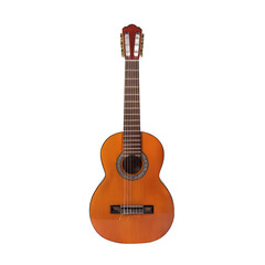Obraz premium A brown guitar is sitting on a white background