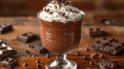 Dessert Decadent chocolate mousse topped with whipped cream and chocolate shavings, served in an elegant glass, ready to satisfy any sweet tooth. Illustration, Minimalism,