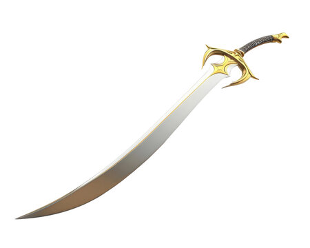 PNG of 3D minimal scimitar curved blade, simple hilt, smooth surfaces, isometric,HD, high resolution, Trending on Nintendo,  isolated on white background
