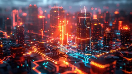Fototapeta premium Futuristic Cityscape Built on a Circuit Board