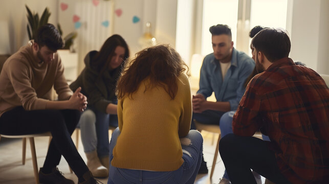 Group of people in a support session, sharing and listening.