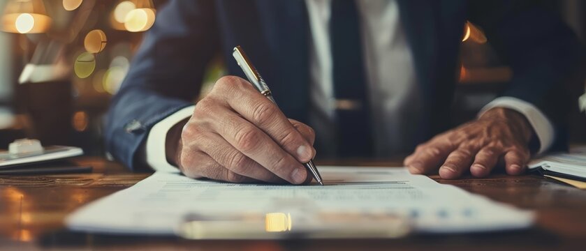 Businessman signing a document with a pen. - Powered by Adobe