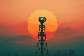 Captivating image of a communication tower silhouetted against a stunning sunset, with the sun's orange glow creating a warm, dramatic backdrop.
