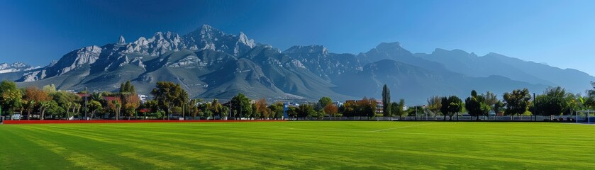 Green field with mountain range in the background.