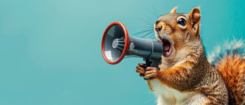 Squirrel holding a megaphone,  making an announcement.