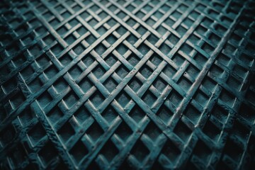 Intricate close-up of a metallic mesh pattern forming a symmetrical design with vibrant teal and blue tones, perfect for backgrounds and textures.