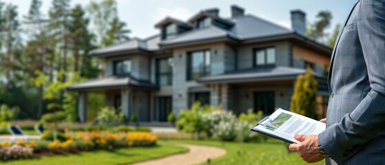 A realtor standing in front of a large house with a brochure in hand.