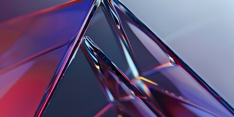 extreme macro photo of clean TRIANGLE polished glass, edges with light blue, red, white colors, blurred, warmcore, light red and indigo, grey background, natural colors, depth of field, 2:1