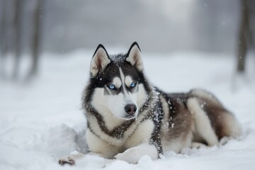 Naklejka premium Siberian Husky lying in the snow with piercing blue eyes, embodying winter beauty