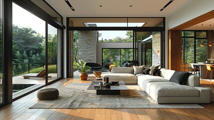 House Cozy, modern living room with tasteful decor, a comfortable sofa, and large windows offering a view of the surrounding nature. Illustration, Minimalism,