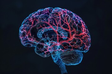 A digital illustration of a human brain with detailed neural networks and blood vessels on a dark background.