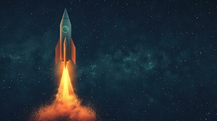 A retro-styled rocket ship launching into the starry night sky, with a trail of bright orange flames and a cosmic backdrop.