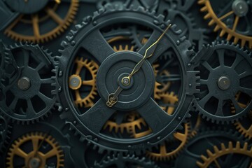 Close-up of intricate clock gears in black and gold, showcasing precision engineering and mechanical beauty.