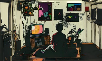 a boy in the private room on holiday in the vintage poster 