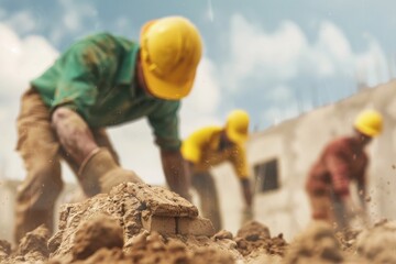Construction workers in action, wearing yellow hard hats, focused on building a structure under a blue sky with scattered clouds.