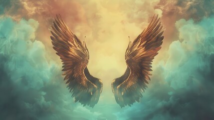 Ethereal image of golden angel wings against a dramatic sky, symbolizing freedom, spirituality, and mystery.