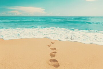 Footprints in the sand leading towards the blue ocean waves under a clear sky, capturing the serene and tranquil beach scene.