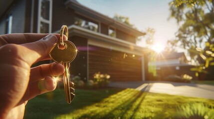 Hand holding house key in front of a new home, sunny day. Real estate and homeownership concept