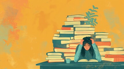 Illustration of a stressed woman studying at a desk surrounded by piles of books, symbolizing academic pressure and overwhelm.