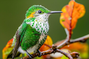 Fototapeta premium Andean Emerald in a cloud forest setting, native to Peru