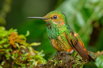 Fototapeta premium Speckled Hummingbird in a cloud forest setting, native to Ecuador