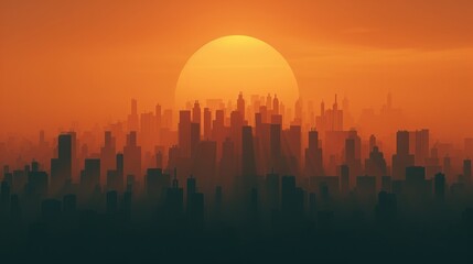 Fototapeta premium Sunset cityscape with tall buildings silhouetted against an orange sky, creating a serene urban skyline with warm colors.