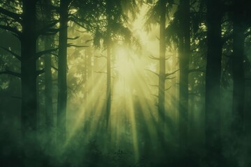 Sunlight beams through a misty forest, creating a tranquil and mystical atmosphere among the tall trees and fog.