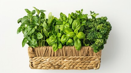 Naklejka premium A basket filled with fresh green herbs including basil, mint, and parsley, displayed on a white background.
