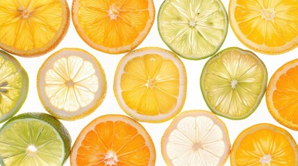 Obraz premium Bright citrus fruit slices pattern. Orange, lime, lemon, and grapefruit slices arranged on a white background in a colorful, fresh, and vibrant display.
