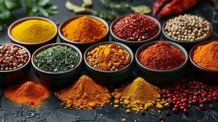 Seasoning Array of exotic spices in colorful bowls, including turmeric, saffron, and paprika, highlighting the rich and diverse world of seasonings. Illustration, Minimalism,