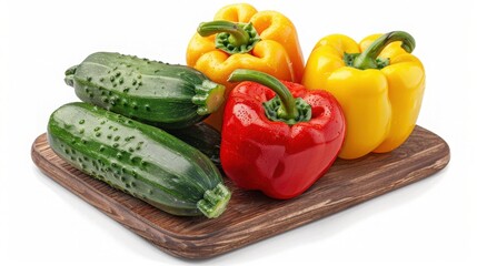 Fresh yellow, red bell peppers and green cucumbers on a wooden cutting board isolated on white background. Healthy vegetables food concept.