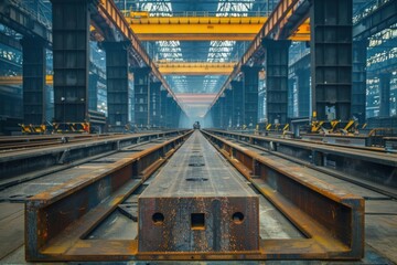 Industrial interior of a steel factory with metal beams and overhead cranes, showcasing manufacturing and heavy industry infrastructure.