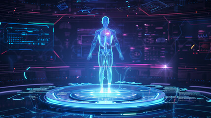 Al doctor, Stage and 3D human hologram with HUD interface. Medical health care of future, Futuristic Human Body Analysis Interface with Holographic Anatomy and Health Data Visualization