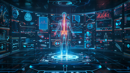 Al doctor, Stage and 3D human hologram with HUD interface. Medical health care of future, Futuristic Human Body Analysis Interface with Holographic Anatomy and Health Data Visualization