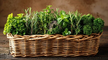 Naklejka premium Seasoning Selection of fresh herbs in a rustic basket, including rosemary, thyme, and parsley, ready to enhance the flavors of any dish. Illustration, Minimalism,
