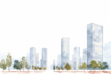 Obraz premium Watercolor illustration of an urban cityscape with modern skyscrapers and green trees, showcasing a harmonious blend of nature and architecture.