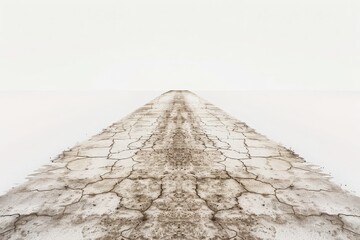 Fototapeta premium A cracked, dry pathway extends into the horizon of an empty, desolate landscape, emphasizing the harshness and beauty of barren terrain.