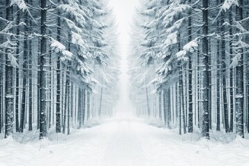 A serene winter landscape featuring a snowy forest path lined with tall, frosty trees, capturing the tranquility of the season.