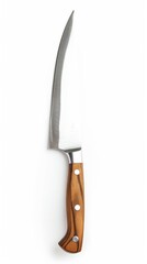 Kitchen knife with wooden handle on white background, close-up. Cooking and culinary tools concept
