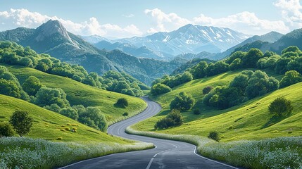 Travel Scenic view of a winding road through a mountainous landscape, inviting adventure and exploration, with a sense of freedom and discovery. Illustration, Minimalism,