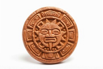 Ancient stone with Aztec sun symbol carved in intricate detail, showcasing historical and cultural significance, isolated on white background.