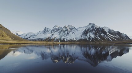 Majestic ice-covered mountains reflecting in calm sea waters at dawn
