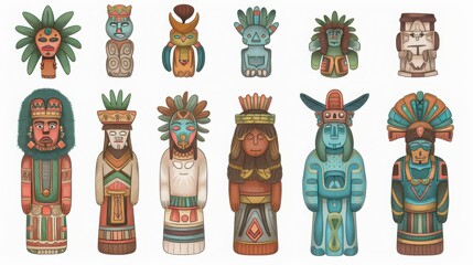 Colorful collection of ancient tribal totems depicting mythical figures and animals in unique artistic styles.
