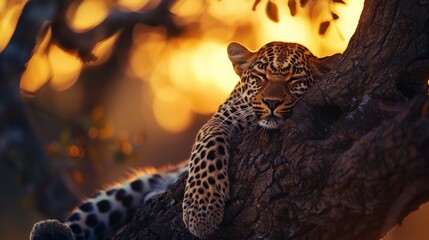 Obraz premium Leopard resting on a tree branch during sunset, serene wildlife scene. Tranquil nature and wildlife photography concept.