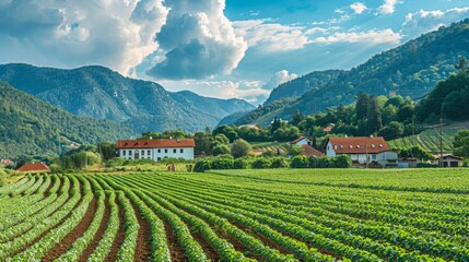 Rural View with People Harvesting Agricultural Products 