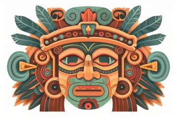 Colorful illustration of an Aztec mask with intricate details and vibrant design, representing ancient Mesoamerican culture.
